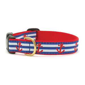Anchors Aweigh Dog Collar & Leash Set  with blue and white horizontal stripes and red anchors