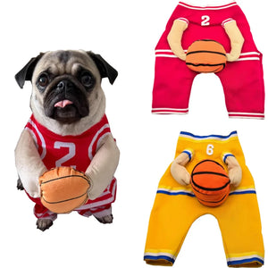Dog wearing a red basketball jersey. Comes in red or yellow.