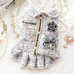 Blue Chanel-Inspired Tweed Dress with Bling Bow Purse