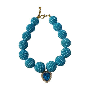 Blue Crystal Heart Colorful Beaded Pearl Dog Necklace