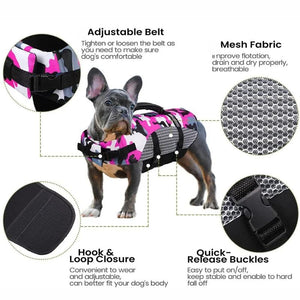 Dog life jacket has adjustable belt, mesh fabric, hook and loop closures, plus quick release buckles.