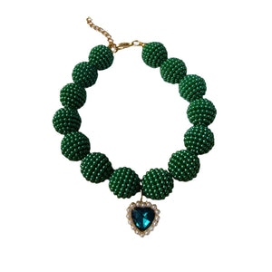 Crystal Green Heart Colorful Beaded Pearl Dog Necklace