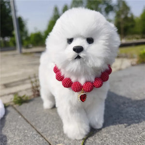 Bichon Frise wearing red Crystal Heart Colorful Beaded Pearl Dog Necklace