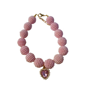 Pink Crystal Heart Colorful Beaded Pearl Dog Necklace
