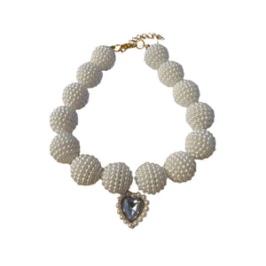 White Crystal Heart Colorful Beaded Pearl Dog Necklace
