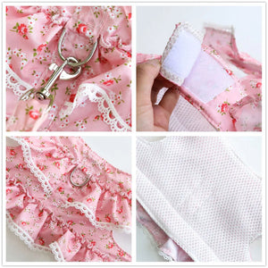 Pink floral harness has a D ring, matching leash, Velcro straps and breathable mesh