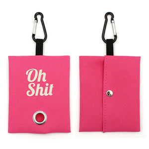 Dog waste poop bag holder has snap button and carabiner clip