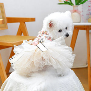 Small white dog wearing a crochet tutu dress outfit with ruffles in a home setting.