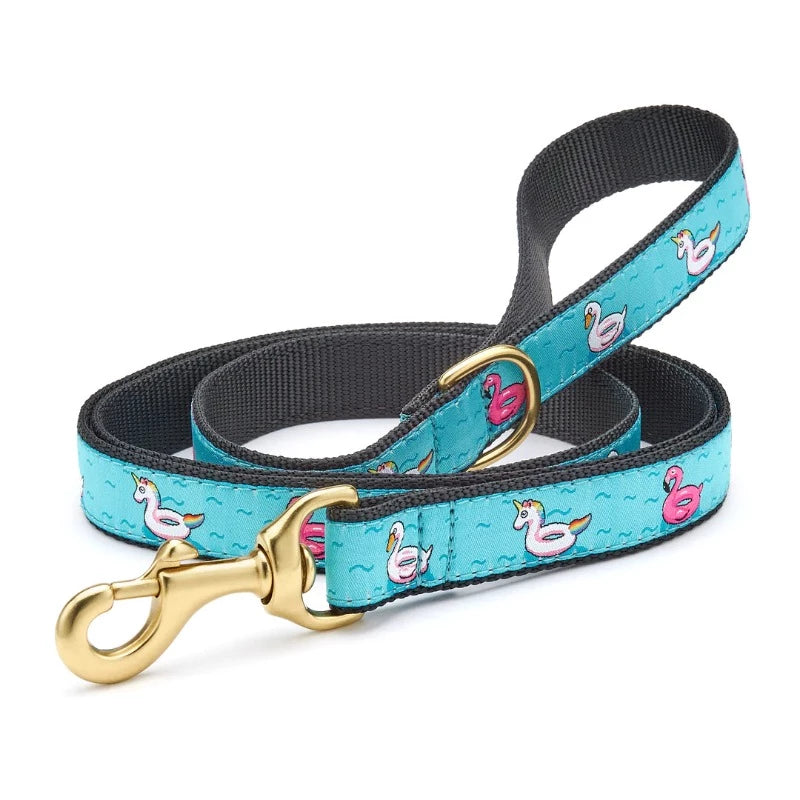 Up Country Floaties Dog Harness & Leash Matching Set features flamingo, swan and unicorn pool floats on an aqua water background.