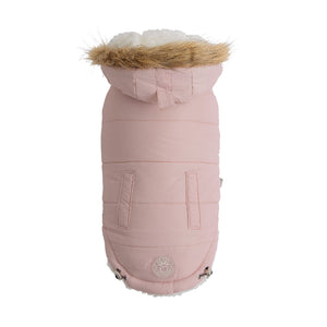 Pink urban dog parka has sherpa lining