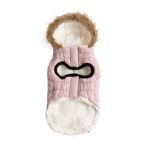 Pink urban dog parka has sherpa lining