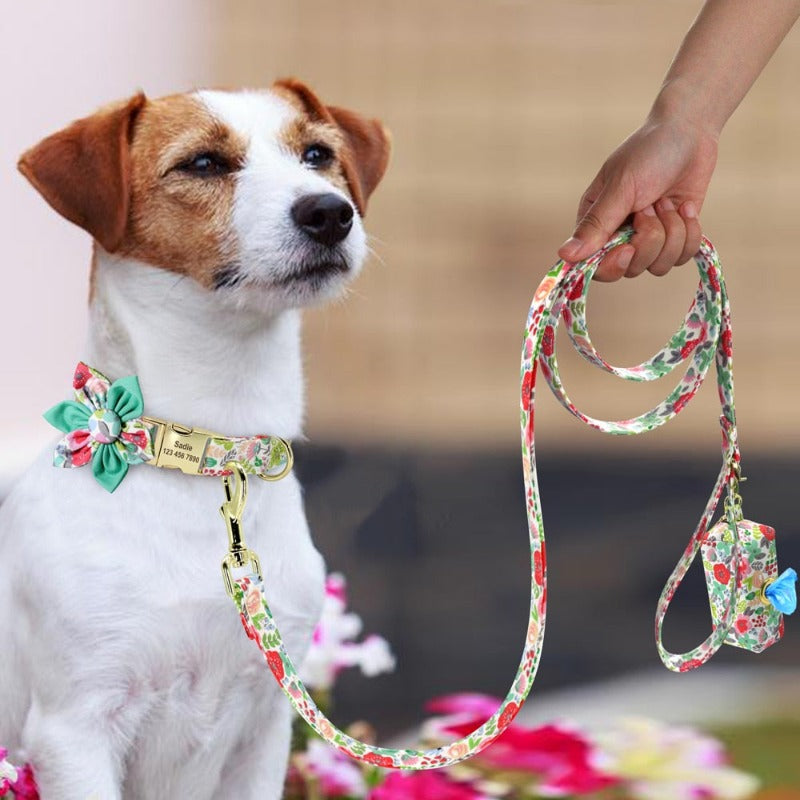 This Floral Garden Dog Collar & Leash matching set that includes a Personalized Dog Collar, Leash & Poop Bag Case