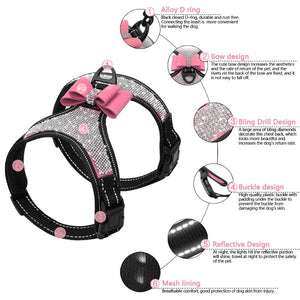 Dog Harnes features alloy D-ring, bow design, bling rhinestones, quck-release buckle, reflective stitching and mesh lining.