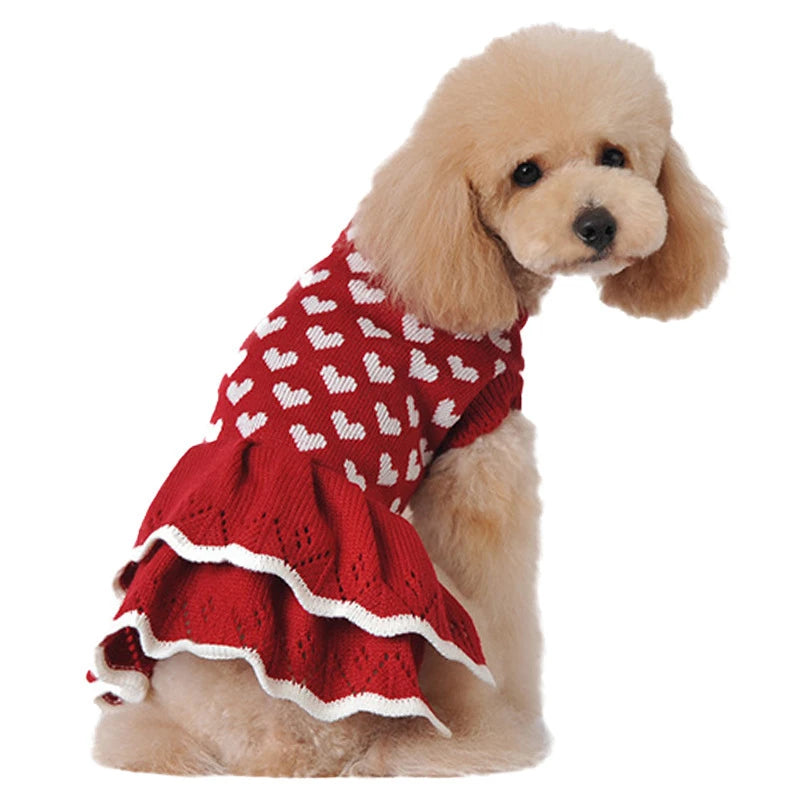 Red heart sweater dog dress on a poodle