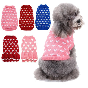 Hearts Dog Sweater or Sweater Dress come in 3 colors: red, pink or blue