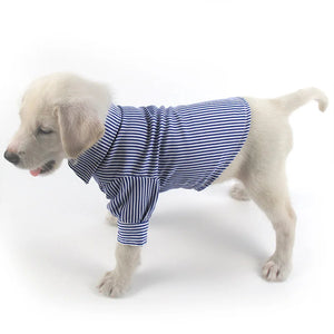 Side view of puppy wearing Stripe Long-Sleeve Button-Down Dog Dress Shirt