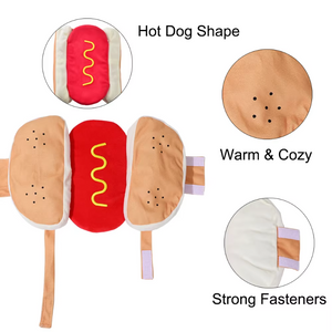 Hot dog shaped dog costume is warm and cozy and has Velcro fasteners