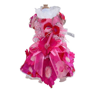 Our designer handmade Hot Pink Daisy Dog Party Dress is exquisitely crafted with the finest details, including large embroidered Gerbera daisy flowers, tulle, ribbon bow and lace