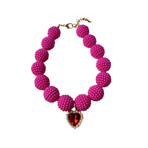 Hot Pink Crystal Heart Colorful Beaded Pearl Dog Necklace