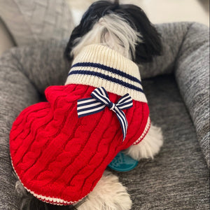Red, White & Blue Cable Knit Dog Sweater suits small dogs.