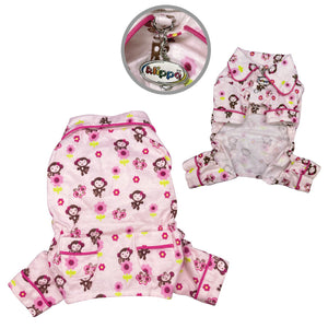Pink Girly Monkey Flannel Dog Pajamas with 2 Pockets