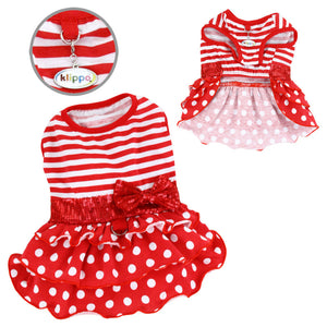 Red and white striped pet dress with polka dots