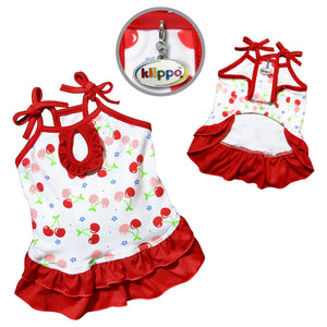 Cherry dog dress comes with adjustable tie straps and ruffled skirt.