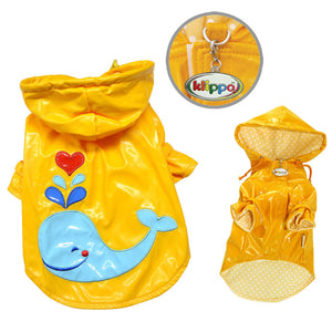 Yellow dog raincoat with whale design