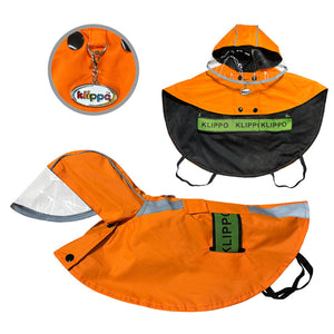 Orange dog raincoat with reflective stripes and D-ring by Klippo