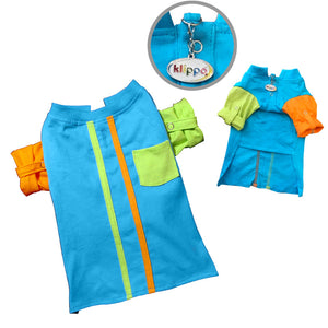 Colorfu dog shirt with orange, green, and blue design,