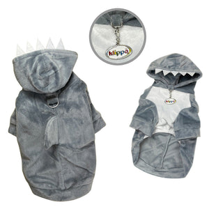 Dog hoodie with shark design and keychain on a white background