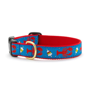 Up Country Lobster and Buoy Dog Collar is blue with red lobsters and red trim