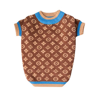 Designer-insipred dog sweater is brown with light blue trim