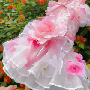 Luxury Designer Handmade Pink on White Flower Dog Party Dress