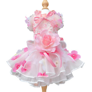 Luxury Designer Handmade Pink on White Flower Dog Party Dress