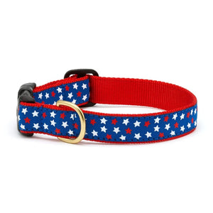 New stars dog collar is blue, with red and white stars.