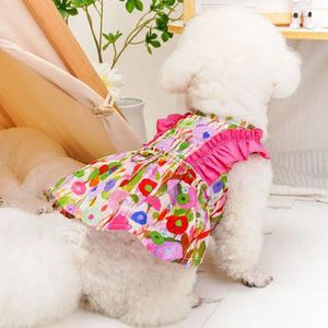 Bichon in Pink Floral Garden Dog Dress