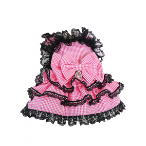 Pink Plaid Dog Party Dress with Black Lace