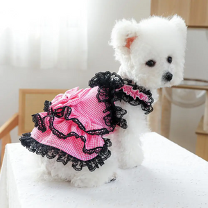 Pink Plaid Dog Party Dress with Black Lace fits small and medium size dog
