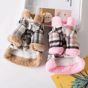 Plaid dog dress coats have snap buttons