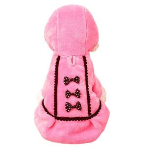 Pink Plush Velvet Hoodie Dog Dress is adorned with black polka dot bows.