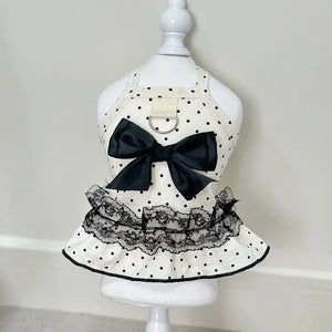Polka Dot Dog Dress has a D-ring and black bow.