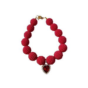Red Crystal Heart Colorful Beaded Pearl Dog Necklace