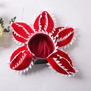 Halloween Red Cannibal Flower Dog Hat secures with Velcro strap under the chin.