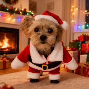 Dog wearing a Santa Claus costume in a festive room with a fireplace and Christmas decorations.