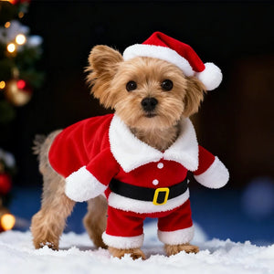 Dog wearing a Santa Claus outfit with a Christmas tree in the background