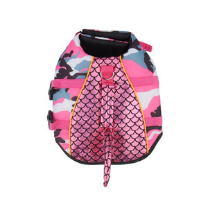 Camo Shark dog life jacket in pink.