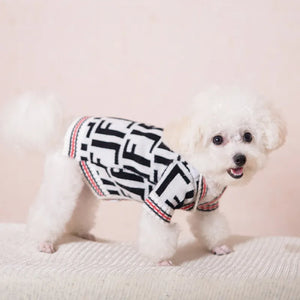 Fendi designer-inspired dog sweater cardigan on a Maltipoo