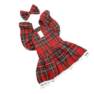 Christmas Plaid Dog Dress with Hair Bow