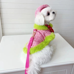 Maltese in Tres Chic Pink and Lime Tweed Coat, Beret Cap and Leash Set.